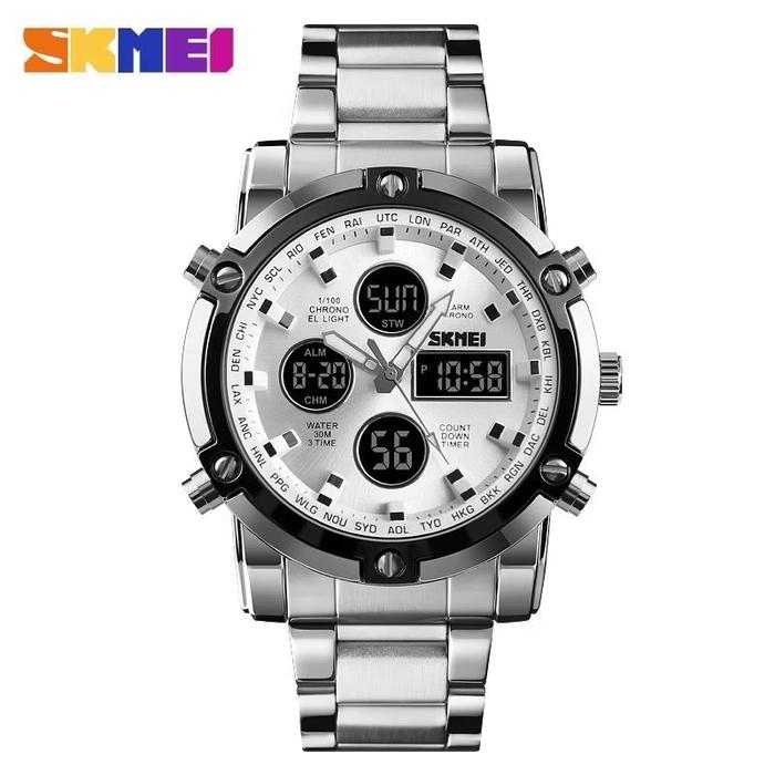 Jam Tangan Pria Digital Analog SKMEI 1389 Silver White Water Resistant 3 ATM ORIGINAL