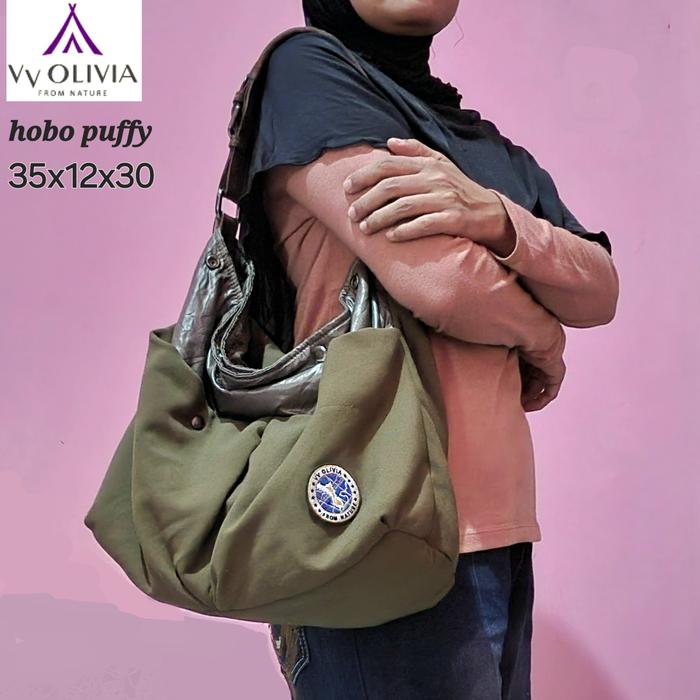 Preloved Tas Hobo Shoulder VV OLIVIA FROM NATURE Korea Stretch Canvas-Puffy Hijau Army Waterproof 35