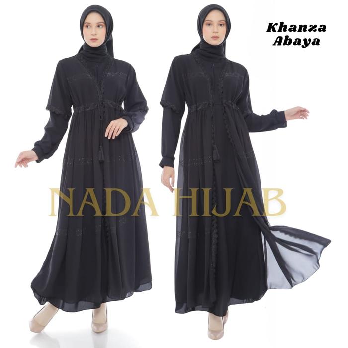 Nada Hijab Abaya Hitam Khanza by Nada Gamis Outer Berbahan Ceruty Wolfis Mewah Renda Motif Cantik Su