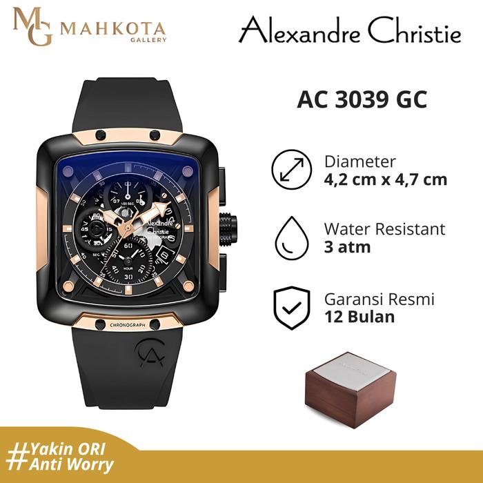 Jam Tangan Pria Alexandre Christie AC 3039 GC Kotak Persegi Strap Rubber Original dan Bergaransi