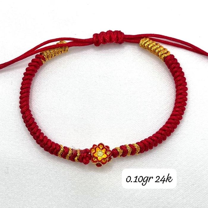 Gelang Emas Charm Teratai Merah 24K Hongkong 999% Tali Pelintir