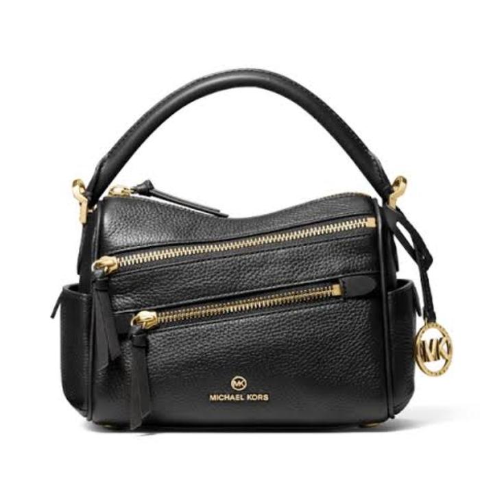 Tas Wanita Original MK Lorimer Small Pebbled Leather Satchel Bag Black / Luggage Brown