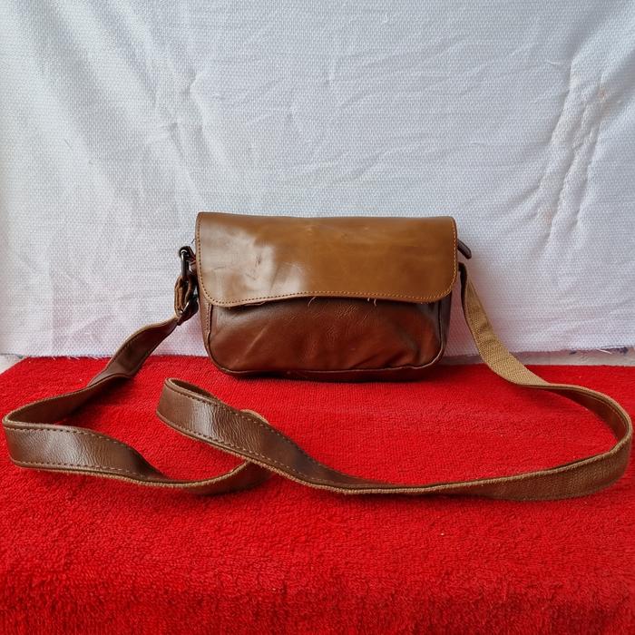 TAS SLING KULIT WANITA SECOND IMPORT COKLAT / TAS SELEMPANG HP WANITA KULIT IMPORT