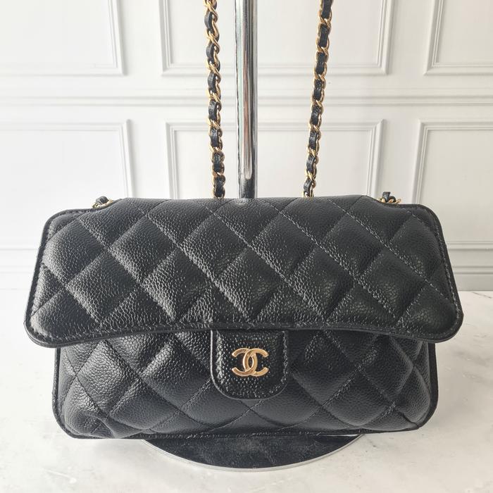 Chanel Caviar Fabric Foldable Tote Bag with Chain - Black Multicolor
