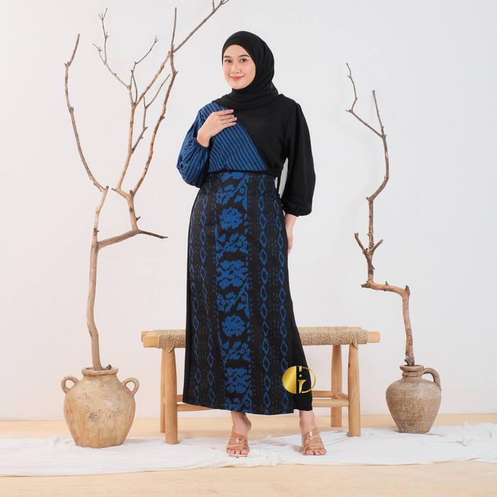 DRESS GAMIS BATIK ARINI MODEL POLOS KOMBINASI BATIK MOTIF TENUN M L XL XXL BIG SIZE JUMBO BIRU OREN 