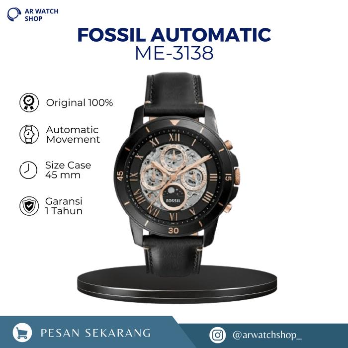 Jam Tangan Pria Automatic ME 3138 Grant Black Skeletal Dial Black Leather Strap Watch Original