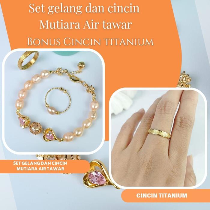 Set Gelang full mutiara mainan kristal love + cincin rhodium mutiara air tawar | Mutiara Lombok Asli