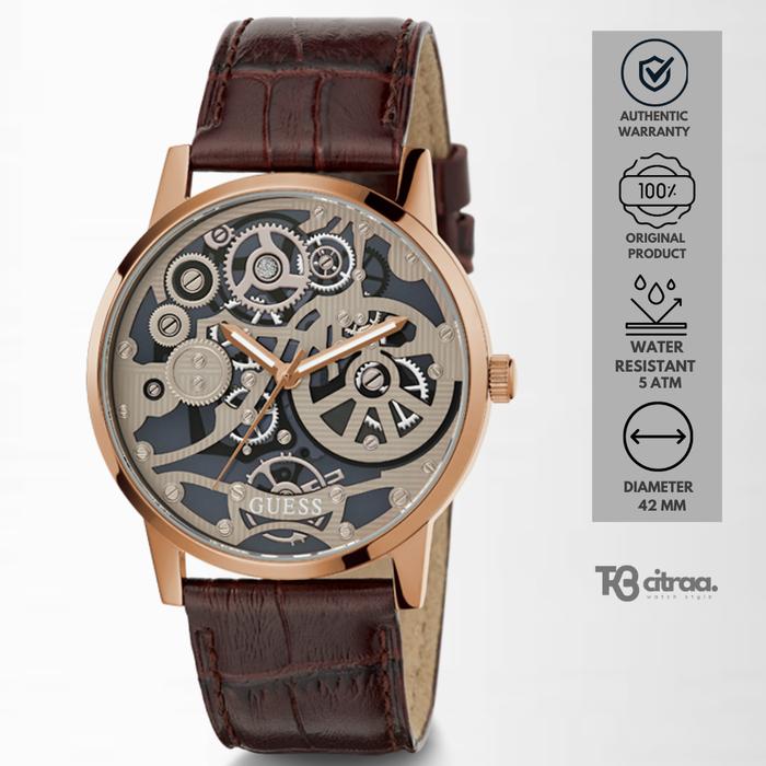 Jam Tangan Pria Guess Kulit Brown Case Rose Gold Casual Sporty Mewah Original GW0570G2