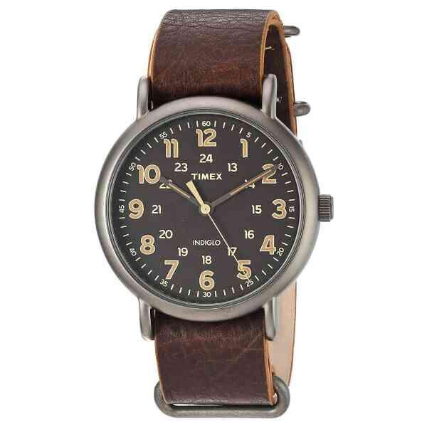 Timex Men's Weekender 40 Titanium-Tone/Dark Brown Leather Strap Indiglo Watch
