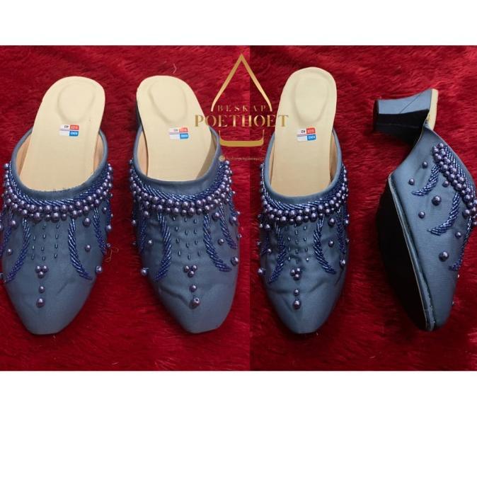 selop sendal sepatu pengantin pria dan wanita jawa biru blue denim