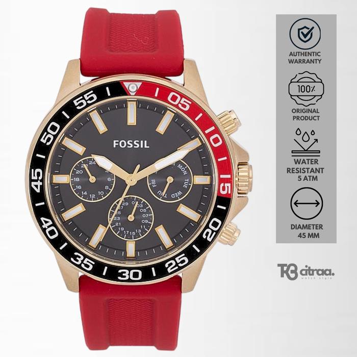 Jam Tangan Pria Fossil Bannon Multifunction Cronograph Red Rubber Silicone Black Dial Sporty Casual