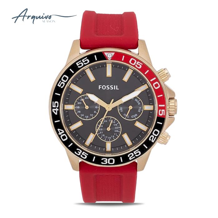 Jam Tangan Pria Fossil Bannon Multifunction Cronograph Red Rubber Silicone Black Dial Casual Sporty