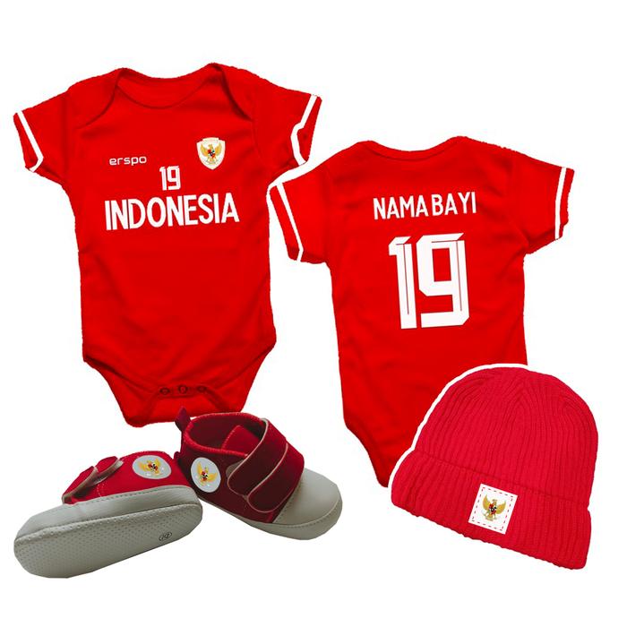 Baju Bola Bayi  jumper Romper 3in1 TIMNAS INDONESIA Home New Season GRATIS NAMESET