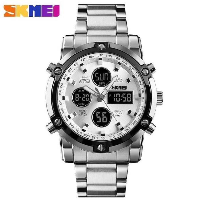 Jam Tangan Pria Digital Skmei 1389 Silver White Water Resistant 3 Atm Original