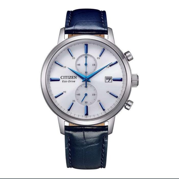 Jam Tangan Citizen CA7069-16A Chronograph Eco Drive White Dial Blue Leaher strap Produk elegance ter