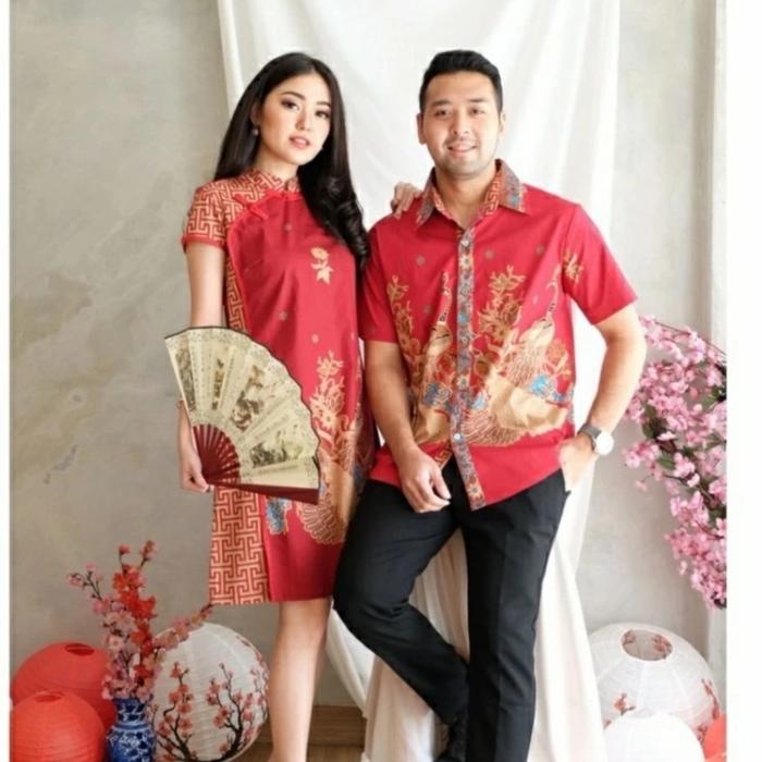 Cheongsam Batik Couple Modern Dress + Kemeja Pria