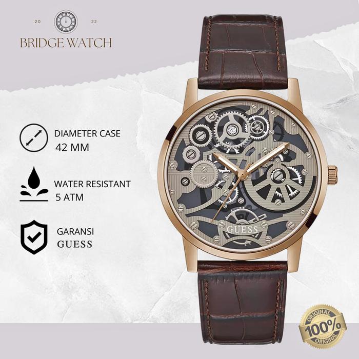 Jam Tangan Pria Guess GW0570G2 Gents Skeleton Rose Gold Chronograph Brown Leather Strap Kulit Origin