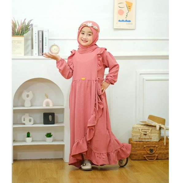 Gamis Anak Elena Dress Bahan Crinkle Airflow Free Pasmina Instan Usia 1-10 Tahun H01