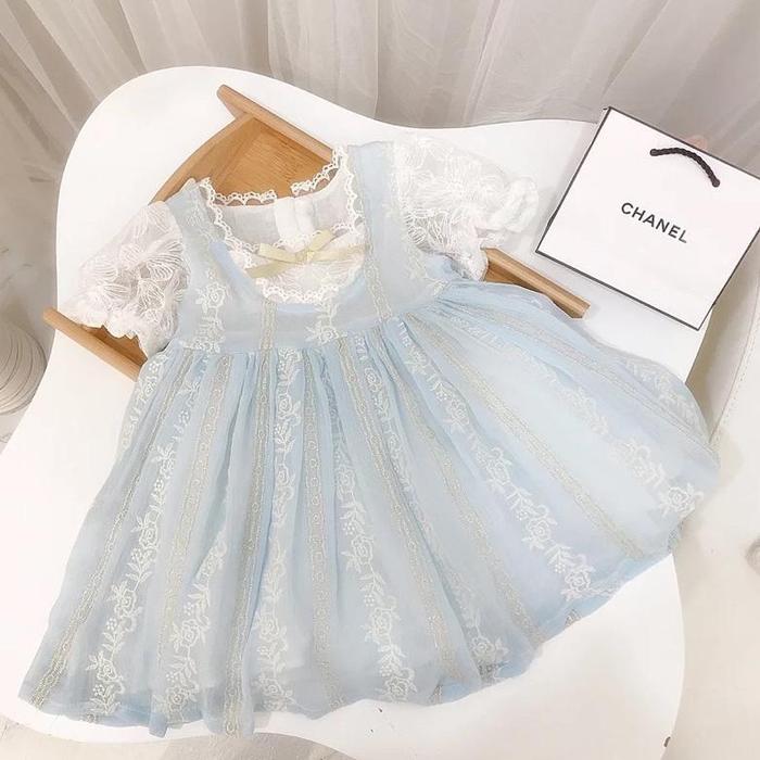 UCHINO Dress Noni ue ala putri kerajaan | gaun biru muda kombinasi putih brukat | korean style | Ero