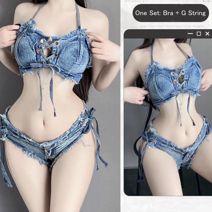 Lingerie Sexy hot Set Bikini Denim Leher V Sexy Tali Samping bar G String