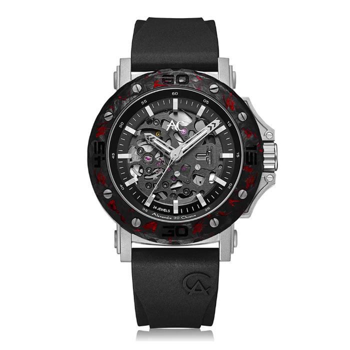 Alexandre Christie AC 9205 Automatic Skeleton Silver Black Red Titanium MTRTTBARE Jam Tangan
