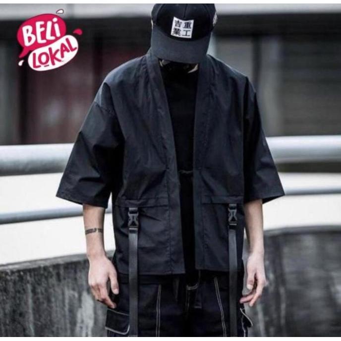 Techwear Kimono [Ready Indo] Cyberpunk Style Kimono Jepang Hitam Pria