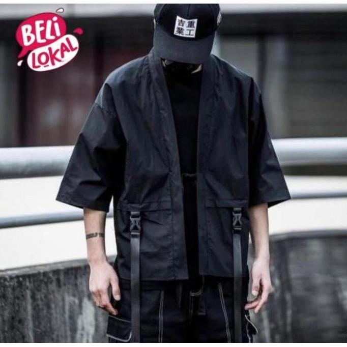 Techwear Kimono [Ready Indo] Cyberpunk Style Kimono Jepang Hitam Pria