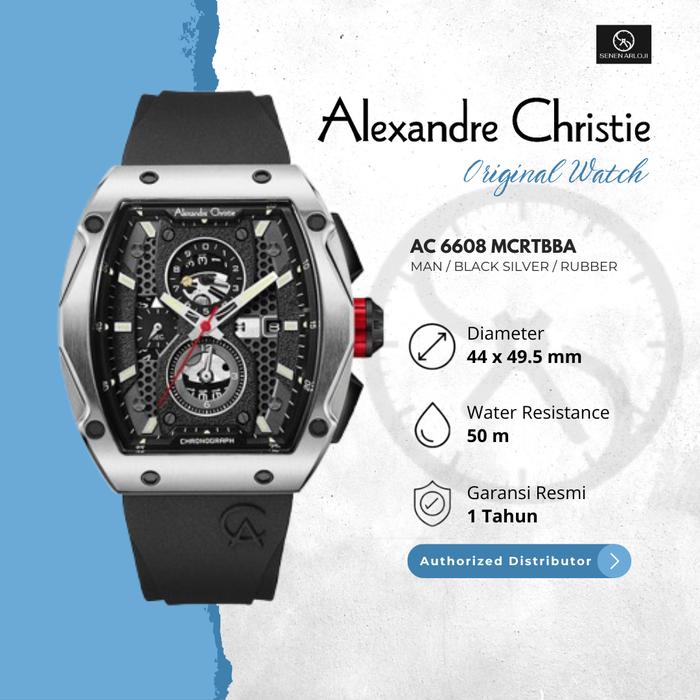 Jam Tangan Pria Alexandre Christie AC 6608 Original Strap Rubber - Black Silver Quartz Watch