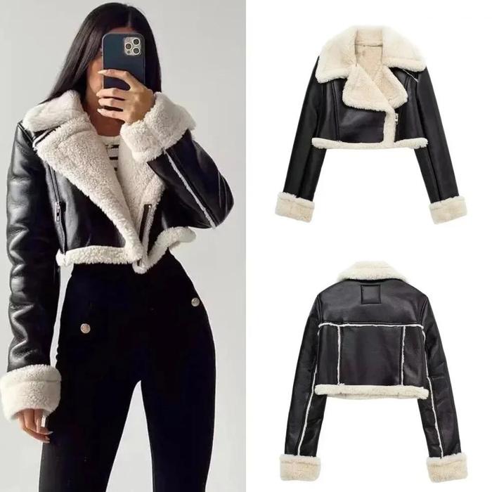 Po Women'S Cropped Leather Jacket Coat Black Wool Blends Coats Bomber Tweed Jacket Autumn Winter Lea