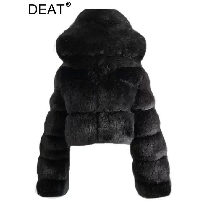 Po Deat Fashion Women'S Faux Fur Coat Hooded Zipper Long Sleeves Solid Color Thick Warm Short Jacket