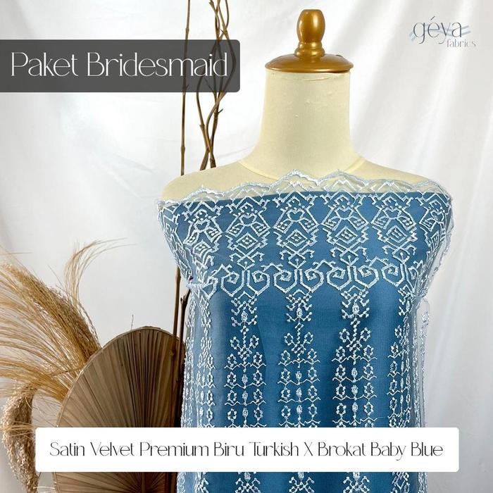 Paket Kain Bridesmaid Seragaman Lamaran Keluarga Lengkap Satin Kebaya Brokat Warna Biru Turkish