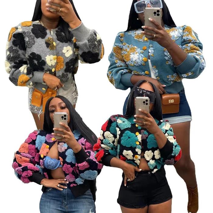 Po Winter Retro Plush Wool Flowers Embroidery Cardigan Ins Coat Long Sleeved Crop Y2K Streetwear Fur
