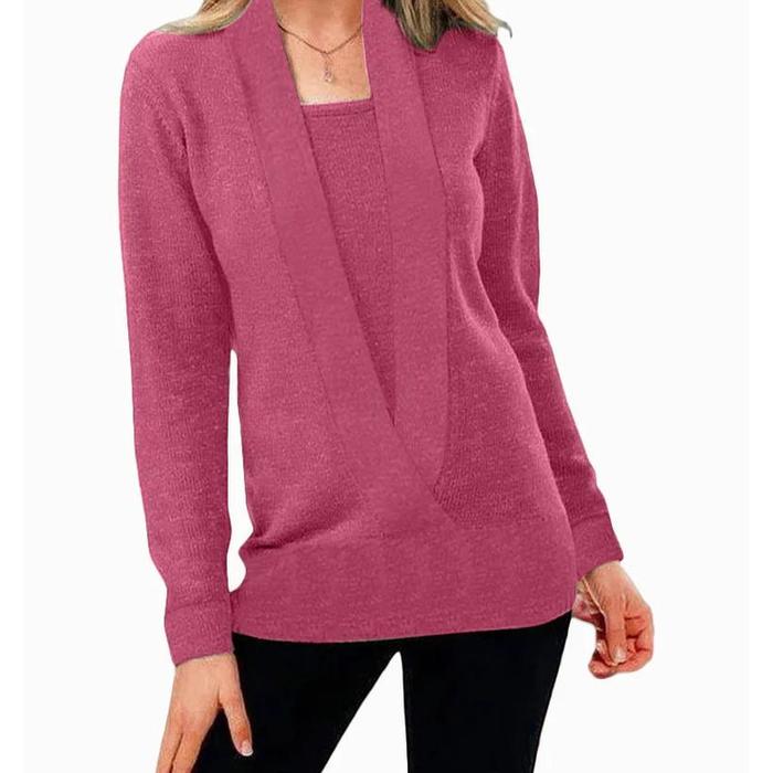 Po 2024 New Knitted Pure Color Deep V-Neck Long-Sleeved Fake Two-Piece Sweater Women'S Jacket