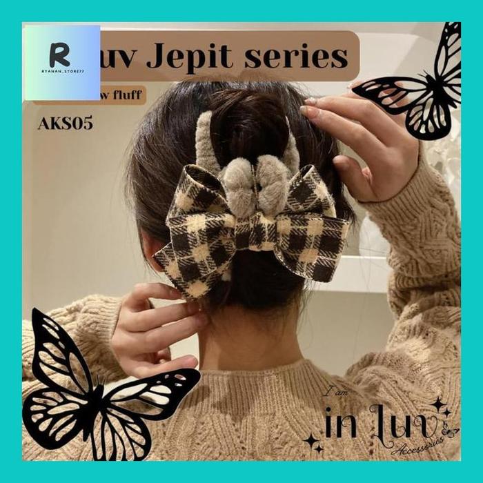 Ryan** Inluv - Jepit Jumbo Brown Bow Fluff Aks05 / Jepit Besar Pita Coklat / Plaid Checkered Halus E