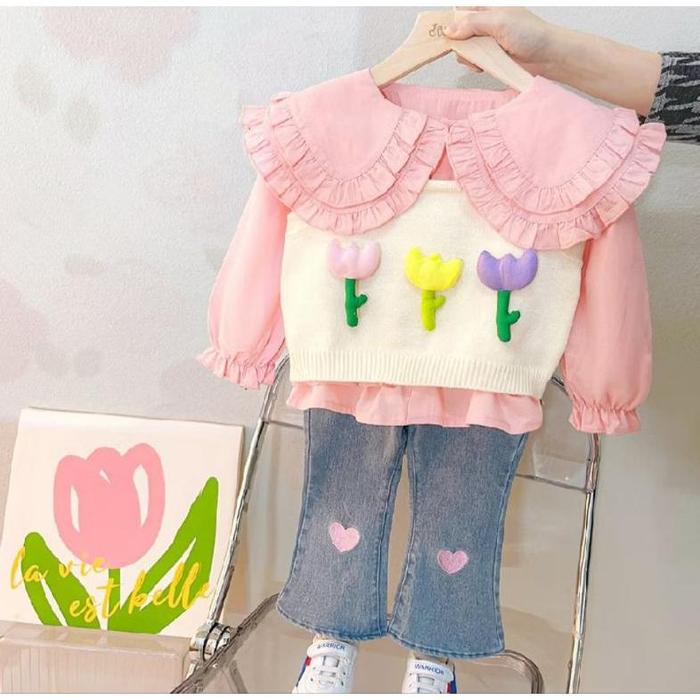 Setelan panjang anak cewek 1tahun - 5tahun setjins anak perempuan motif bunga warna lilac kuning pin