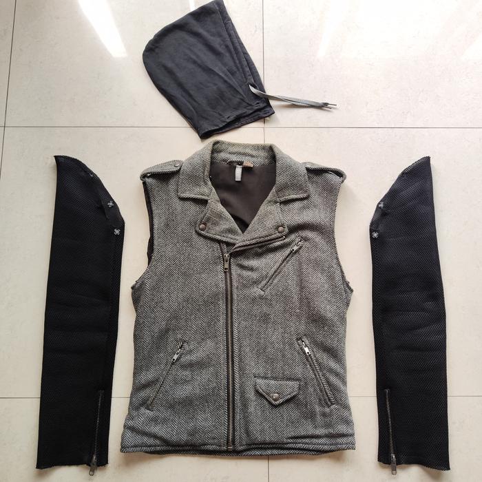 One of a Kind Reworked Herringbone wool blend modular detachable biker jacket men pria size M jaket 