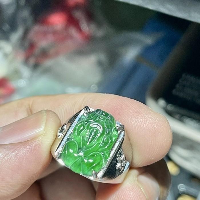 Giok jadeite feicui tipeA cincin cowok ikatan perak 925 ukiran pixiu