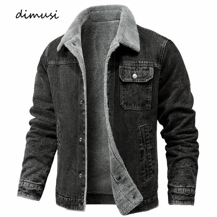 DIMUSI Men's Winter Jacket Fashion Men's Lapel Sherpa Fleece Lined Thicken Denim Jean Trucker Jacke 