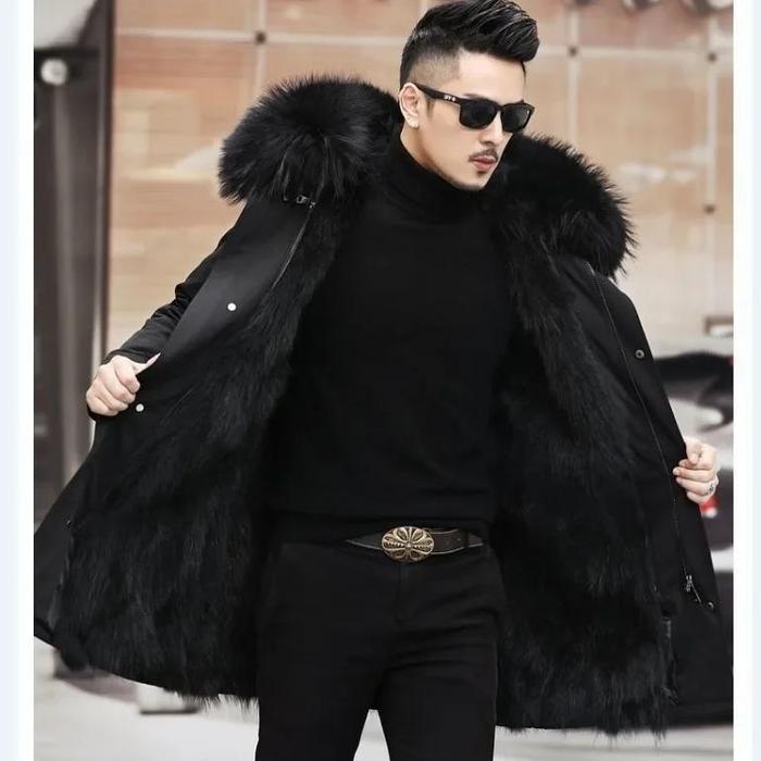 Coat Mens Thickened Imitation Fur Coat Fur Integrated Black Medium and Long Top Fashionable Removabl
