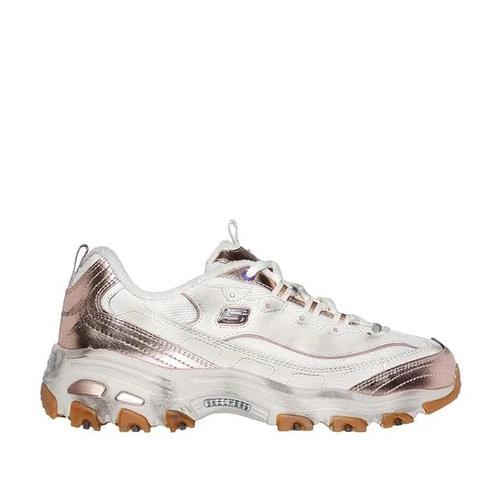 Skechers D'Lites Wanita Sepatu Sneaker Putih Natural Gold Ori - Gaya Ikonik dengan Kenyamanan Khas &