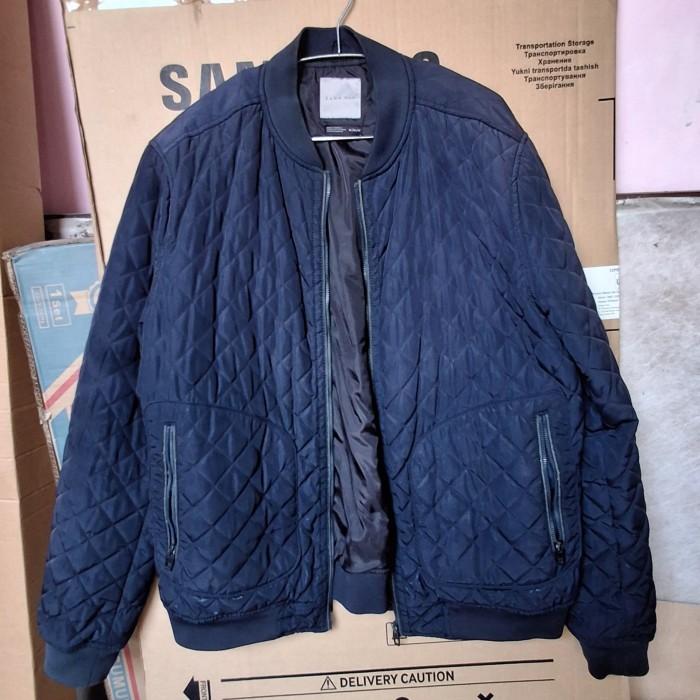 jaket zara man quilt bomber jacket biru navy zaraman