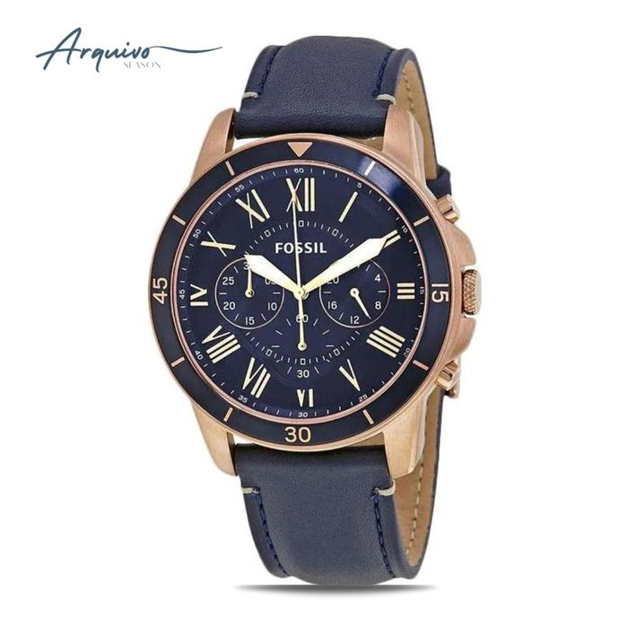 Jam Tangan Fossil Pria Grant Chronograph Kulit Navy Blue Casual Original FS5237