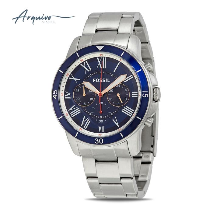 Jam Tangan Fossil Pria Grant Chronograph Silver Stainless Steel Blue Dial Sporty Mewah Original FS52