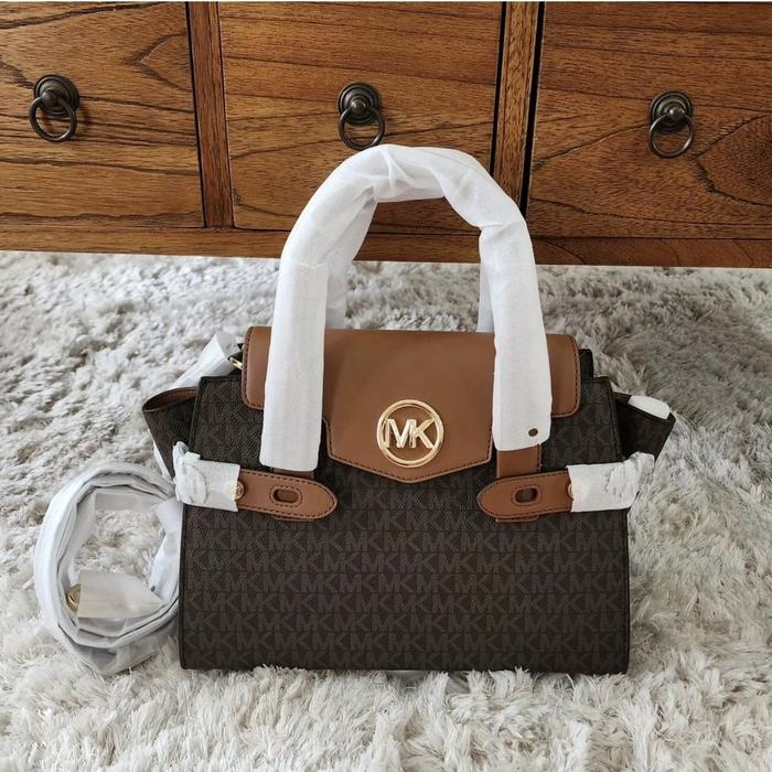 tas wanita mk carmen medium flap satchel brown ej