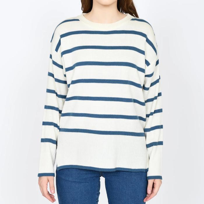 sweater rajut wanita garis blaster-belang hitam putih lengan panjang