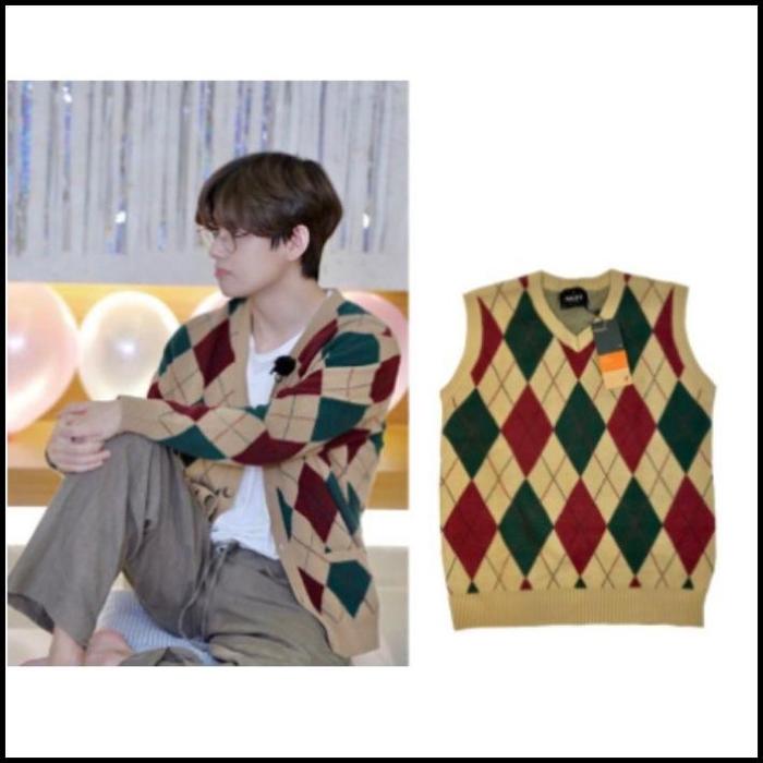 READY STOCK Cardigan taehyung BTS RUN/VEST V-BTS cardigan vest rhombus