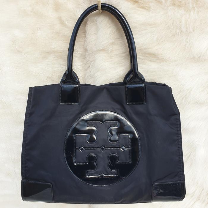 Tas Wanita Tote Bag Shoulder Bag Hitam Nylon Mix Kulit Glossy