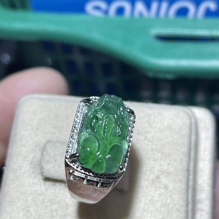 Giok jadeite feicui tipeA cincin perak s925 ring18-22 ukiran pixiu