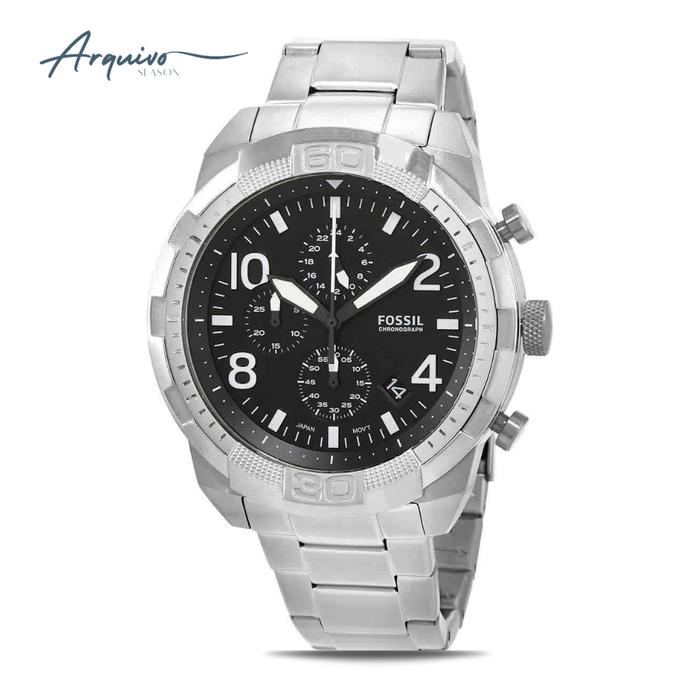 Jam Tangan Fossil Pria Bronson Chronograph Silver Stainless Steel Black Dial Sporty Original FS5710