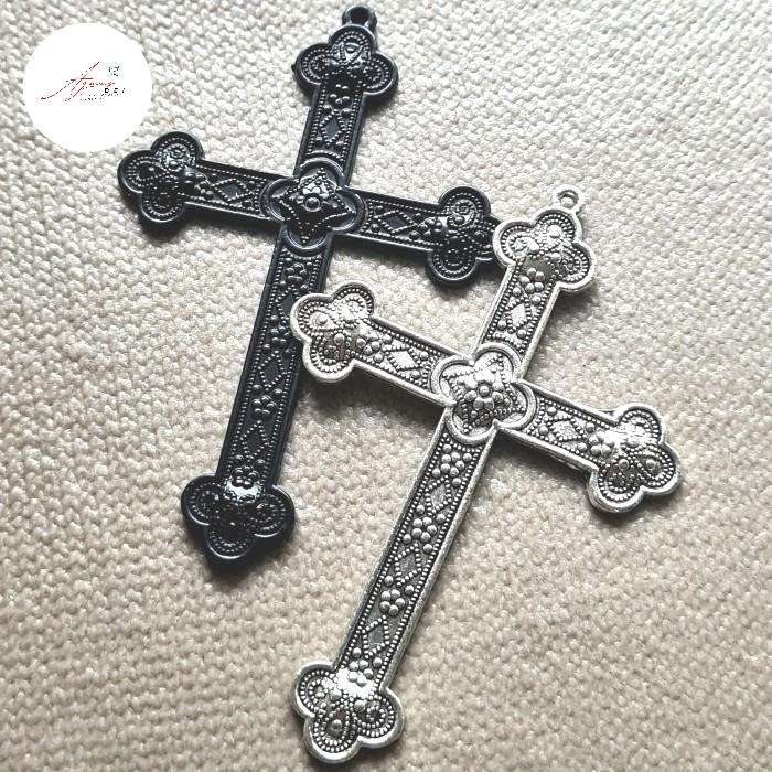 Salib Gothic Style Silver Black Kalung - Ukuran Besar 8cm x 5.4cm x 2mm - Cocok untuk Gantung Mobil 